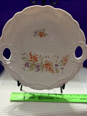 White Floral Porcelain Serving Plate with Orange and Purple Accents